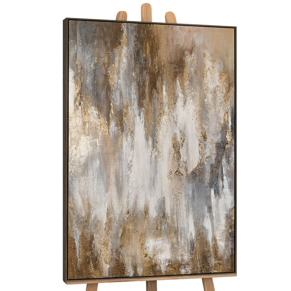 The painting "Golden Silence" is a vertical abstraction with deep neutral tones