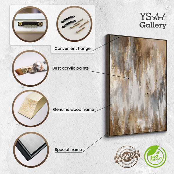 The painting "Golden Silence" is a vertical abstraction with deep neutral tones