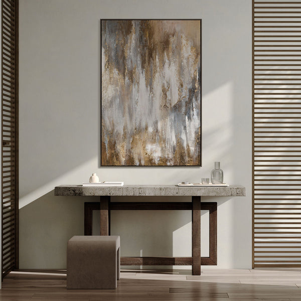 The painting "Golden Silence" is a vertical abstraction with deep neutral tones