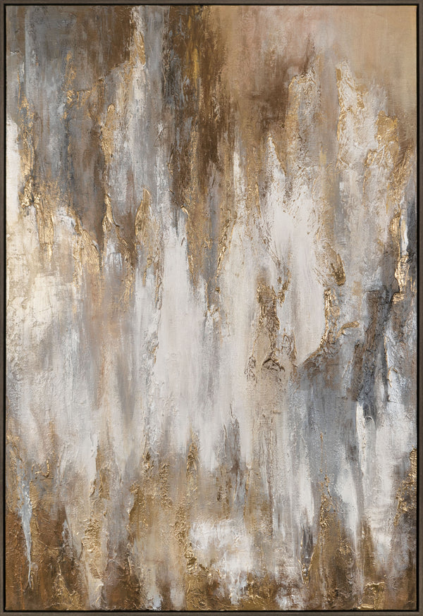 The painting "Golden Silence" is a vertical abstraction with deep neutral tones