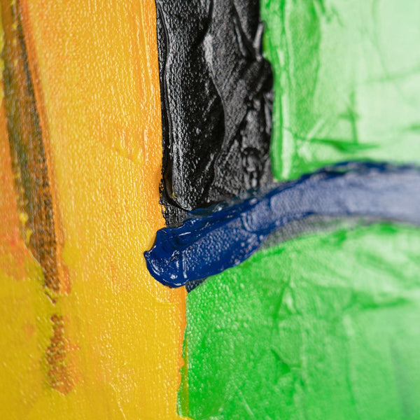 The painting "Tropical Motif" is a vertical abstraction with bright colors