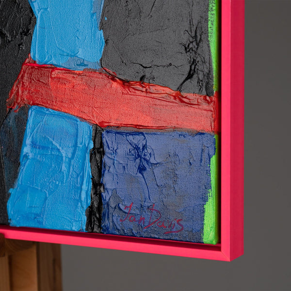 The painting "Tropical Motif" is a vertical abstraction with bright colors