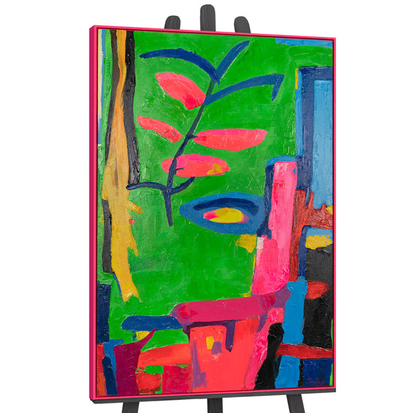 The painting "Tropical Motif" is a vertical abstraction with bright colors