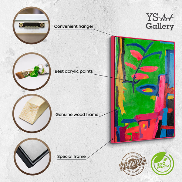 The painting "Tropical Motif" is a vertical abstraction with bright colors