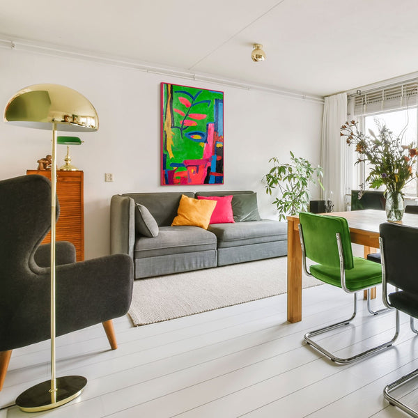The painting "Tropical Motif" is a vertical abstraction with bright colors