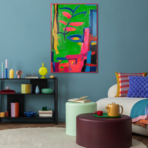 The painting "Tropical Motif" is a vertical abstraction with bright colors