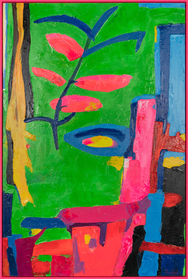 The painting "Tropical Motif" is a vertical abstraction with bright colors