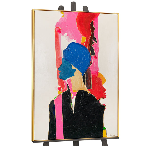 The painting "Contrasts of Personalities" is a vertical abstraction with silhouettes