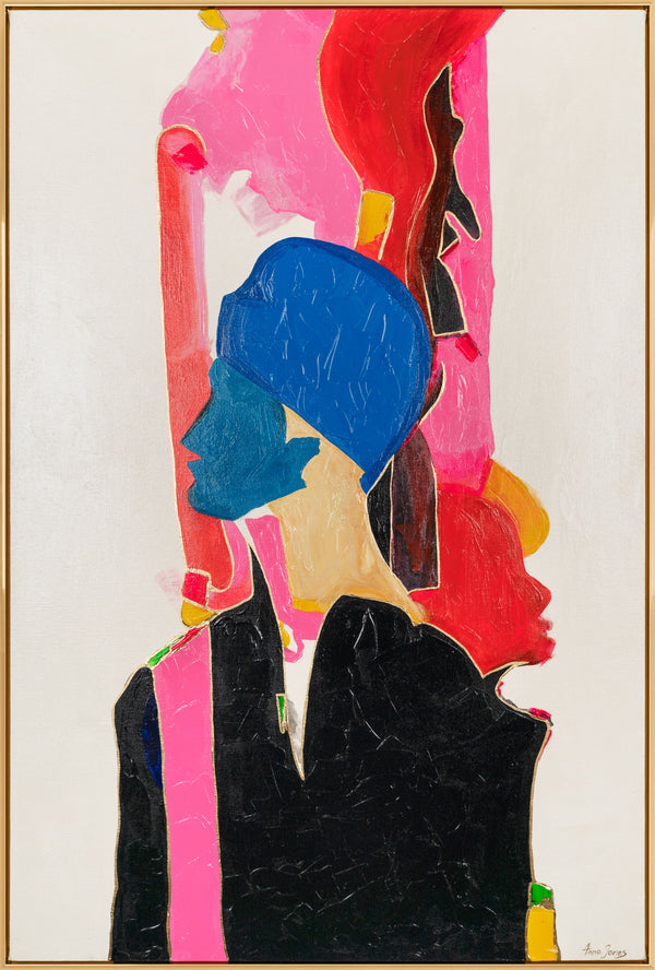 The painting "Contrasts of Personalities" is a vertical abstraction with silhouettes