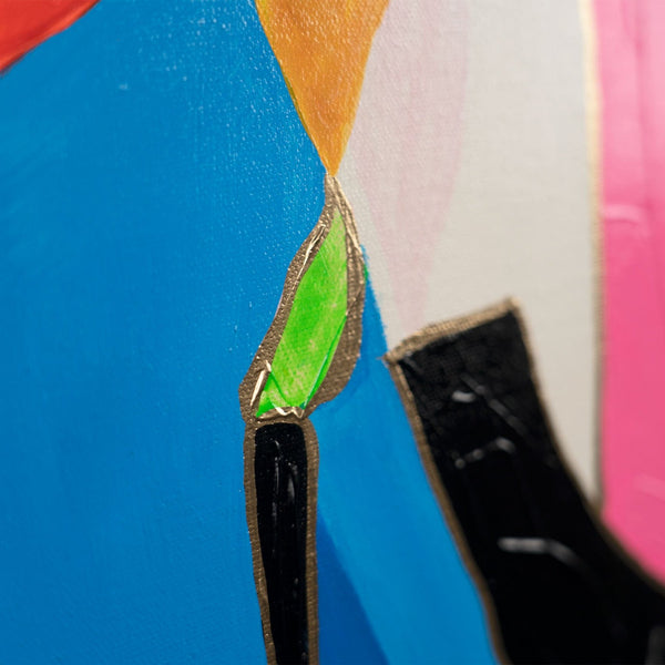 The painting "Synthesis of Emotions" is a vertical abstraction in a neon palette