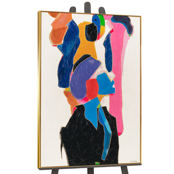 The painting "Synthesis of Emotions" is a vertical abstraction in a neon palette
