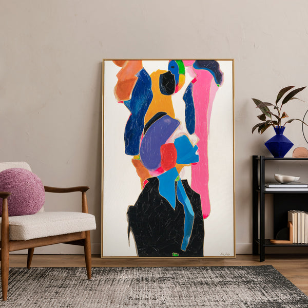 The painting "Synthesis of Emotions" is a vertical abstraction in a neon palette