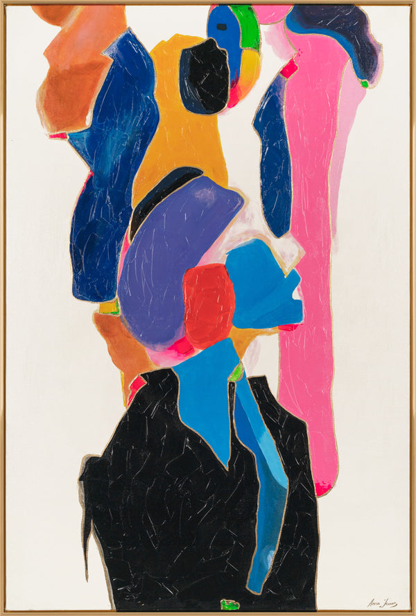 The painting "Synthesis of Emotions" is a vertical abstraction in a neon palette