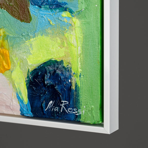 The painting "Morning in the City of Color" is a vertical abstraction with bright contrast