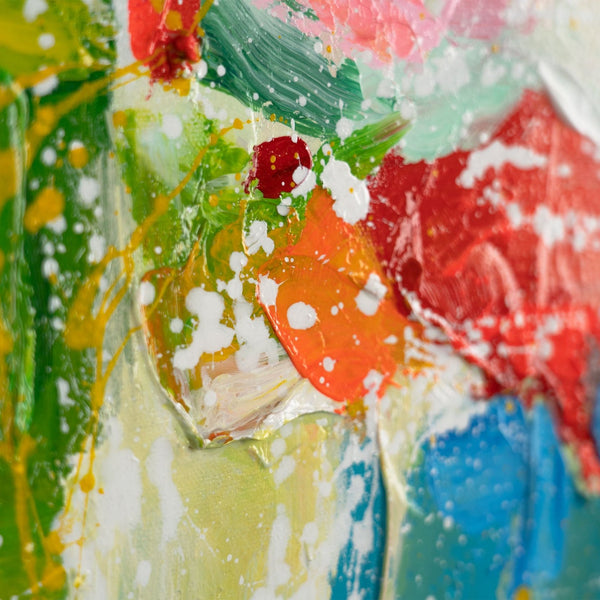 The painting "Morning in the City of Color" is a vertical abstraction with bright contrast