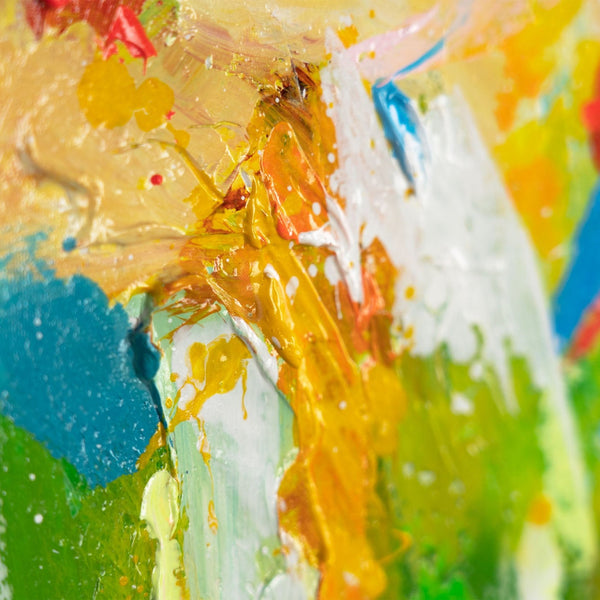 The painting "Morning in the City of Color" is a vertical abstraction with bright contrast