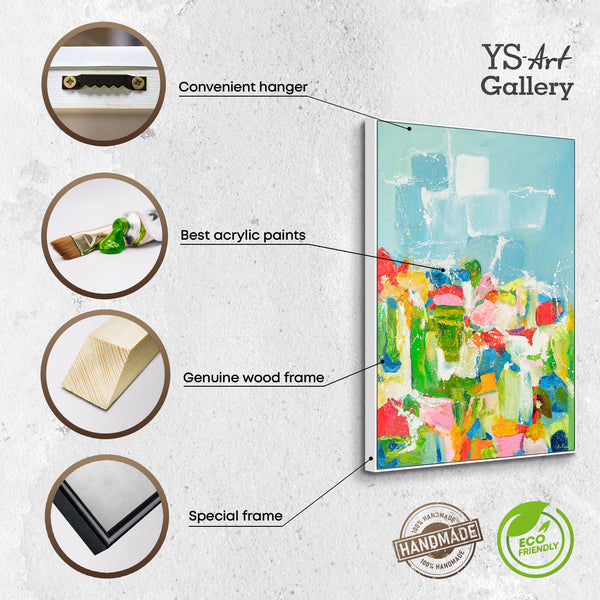 The painting "Morning in the City of Color" is a vertical abstraction with bright contrast