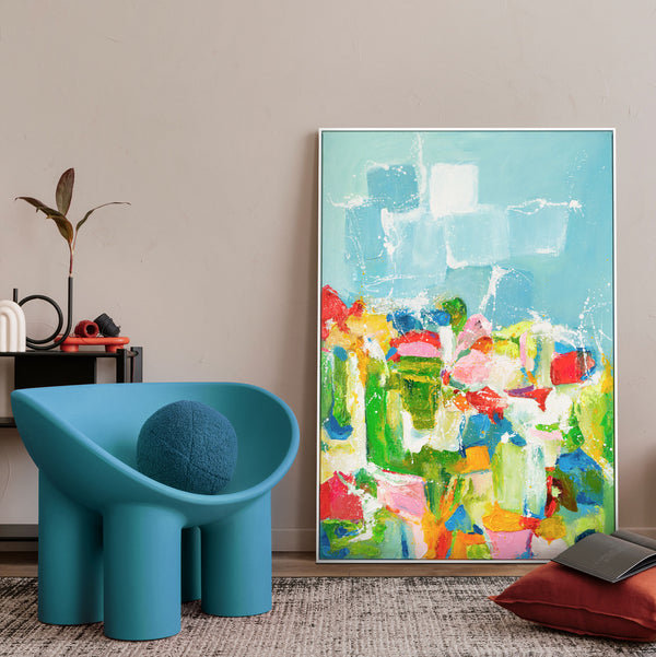 The painting "Morning in the City of Color" is a vertical abstraction with bright contrast