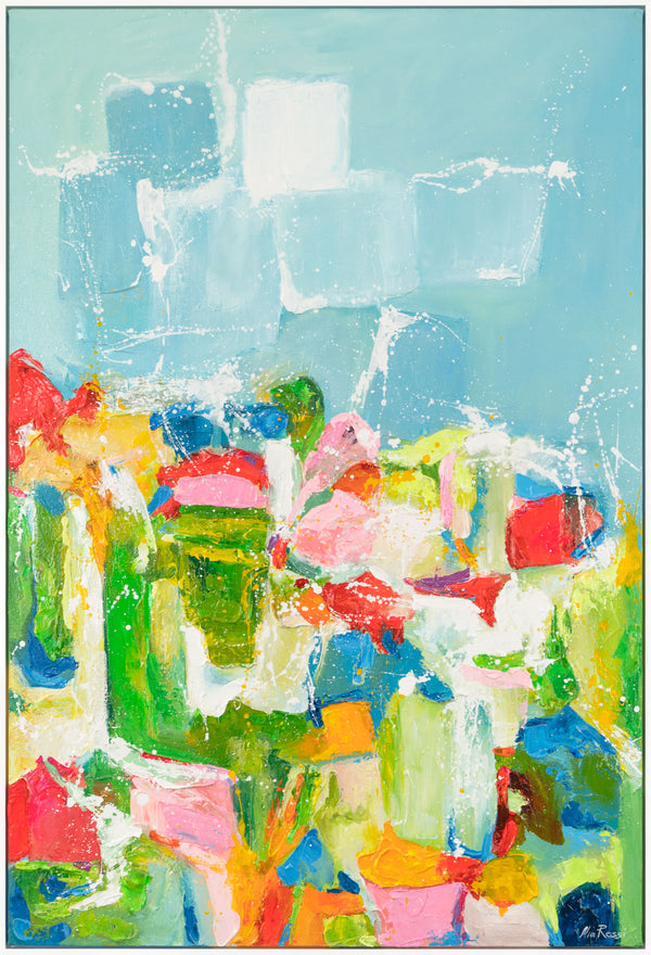 The painting "Morning in the City of Color" is a vertical abstraction with bright contrast