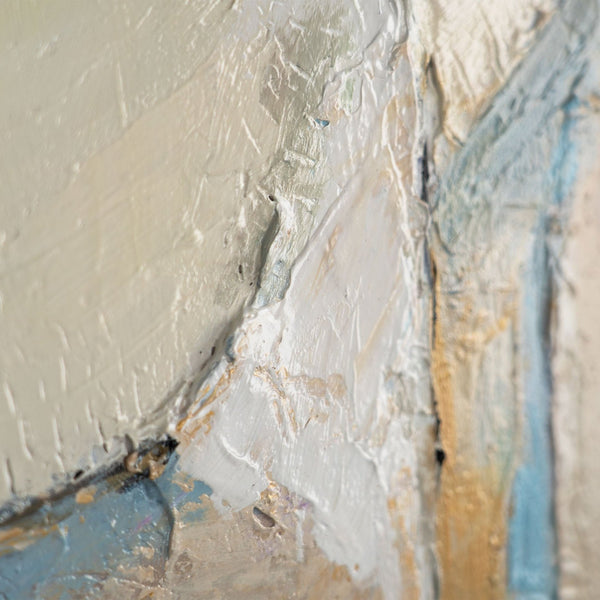 The painting "Silence of Space" is a vertical abstraction in a neutral palette