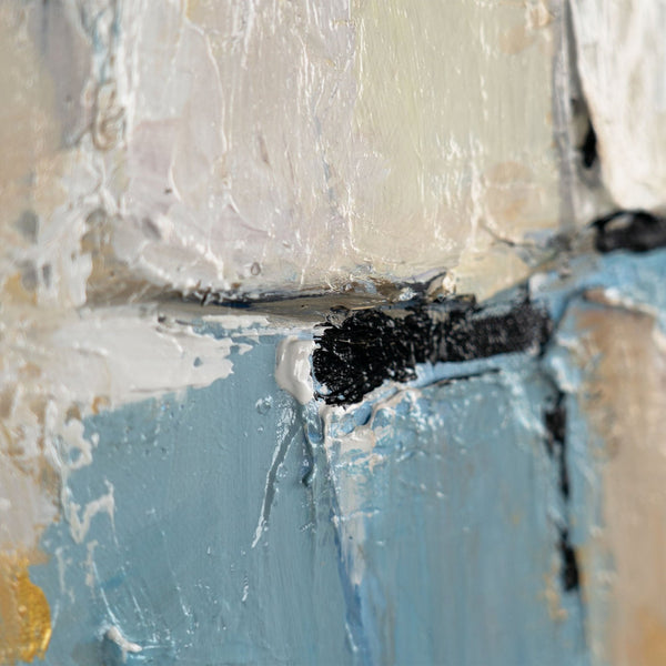 The painting "Silence of Space" is a vertical abstraction in a neutral palette