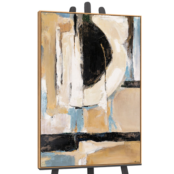 The painting "Silence of Space" is a vertical abstraction in a neutral palette