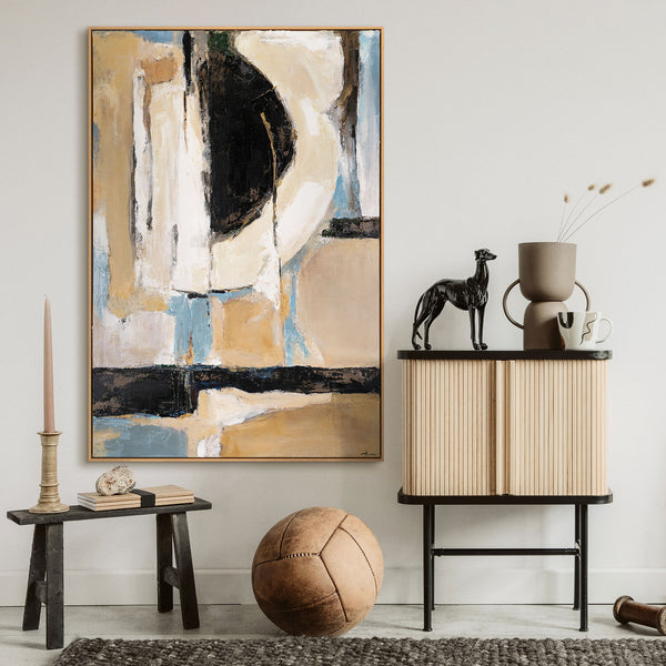 The painting "Silence of Space" is a vertical abstraction in a neutral palette