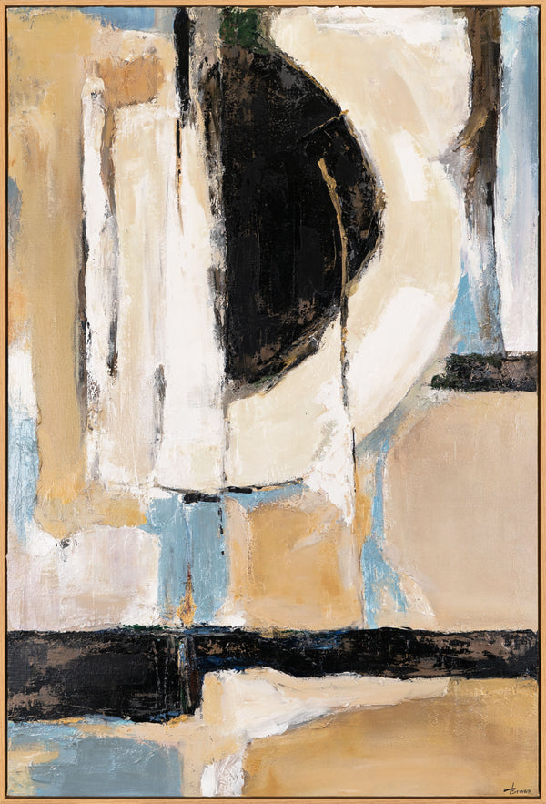 The painting "Silence of Space" is a vertical abstraction in a neutral palette