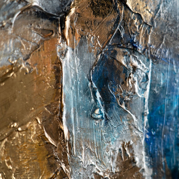 The painting "Heart of the Rock" is a vertical abstraction with deep natural shades