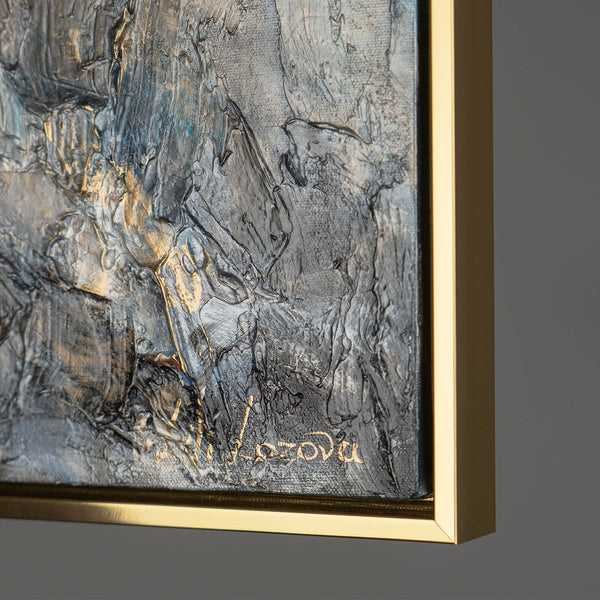 The painting "Heart of the Rock" is a vertical abstraction with deep natural shades