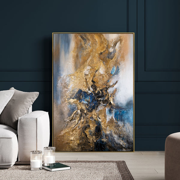 The painting "Heart of the Rock" is a vertical abstraction with deep natural shades