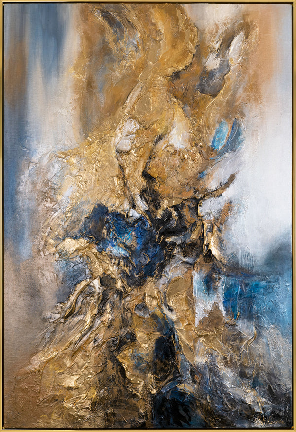 The painting "Heart of the Rock" is a vertical abstraction with deep natural shades