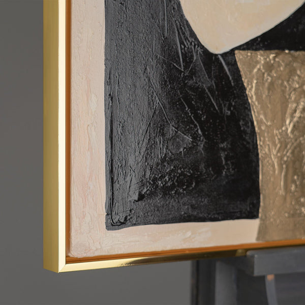 The painting "Geometry of Echoes" is a vertical abstraction with warm tones
