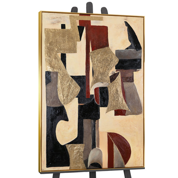 The painting "Geometry of Echoes" is a vertical abstraction with warm tones