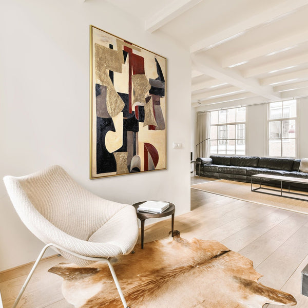 The painting "Geometry of Echoes" is a vertical abstraction with warm tones