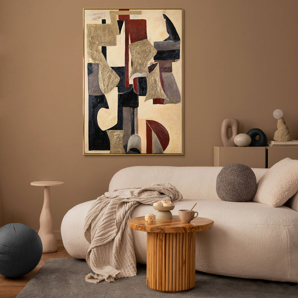 The painting "Geometry of Echoes" is a vertical abstraction with warm tones