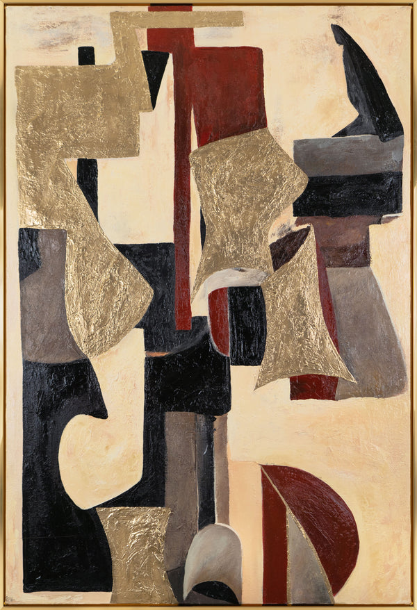 The painting "Geometry of Echoes" is a vertical abstraction with warm tones