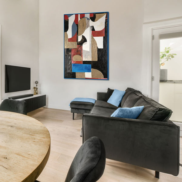 The painting "Architecture of Forms" is a vertical abstraction with a geometric rhythm