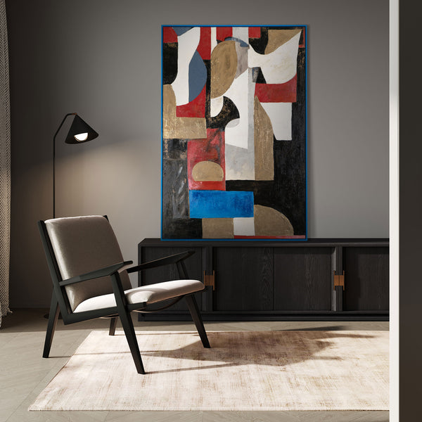 The painting "Architecture of Forms" is a vertical abstraction with a geometric rhythm