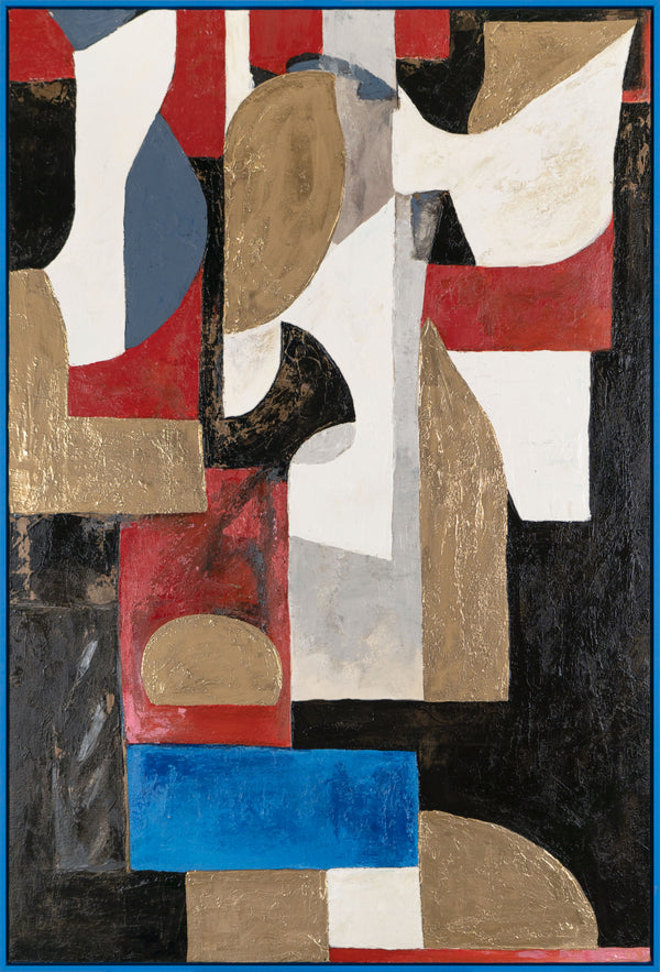 The painting "Architecture of Forms" is a vertical abstraction with a geometric rhythm