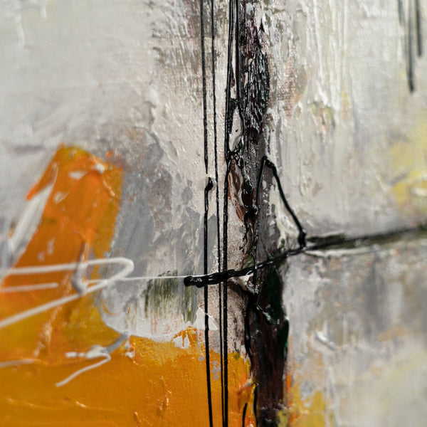 The painting "Urban Glow" is a vertical abstraction with the energy of the sun
