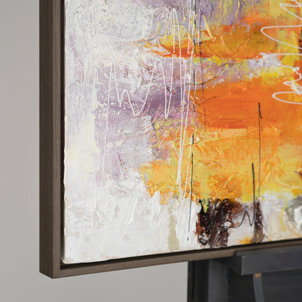 The painting "Urban Glow" is a vertical abstraction with the energy of the sun