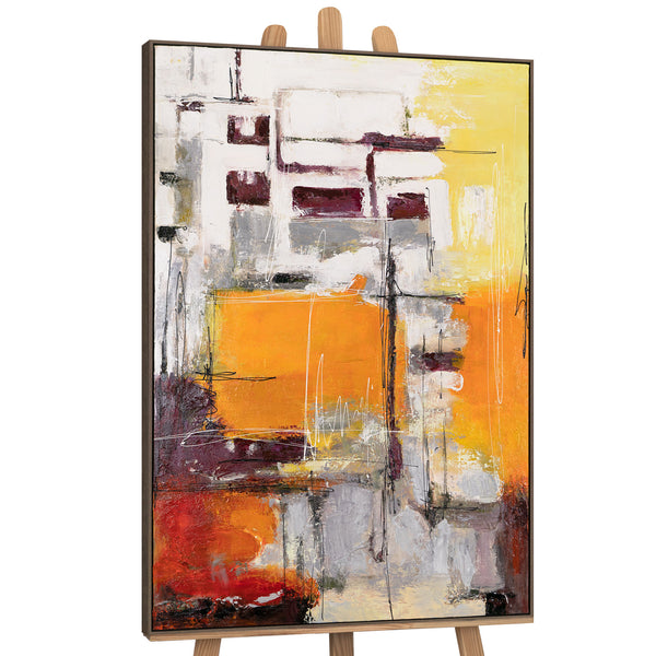 The painting "Urban Glow" is a vertical abstraction with the energy of the sun