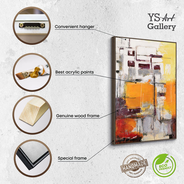 The painting "Urban Glow" is a vertical abstraction with the energy of the sun