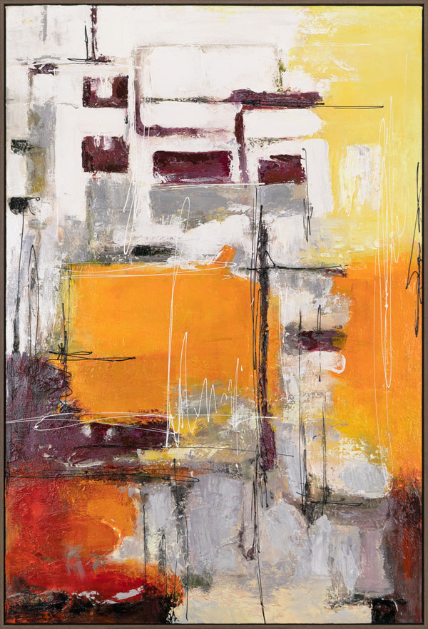 The painting "Urban Glow" is a vertical abstraction with the energy of the sun