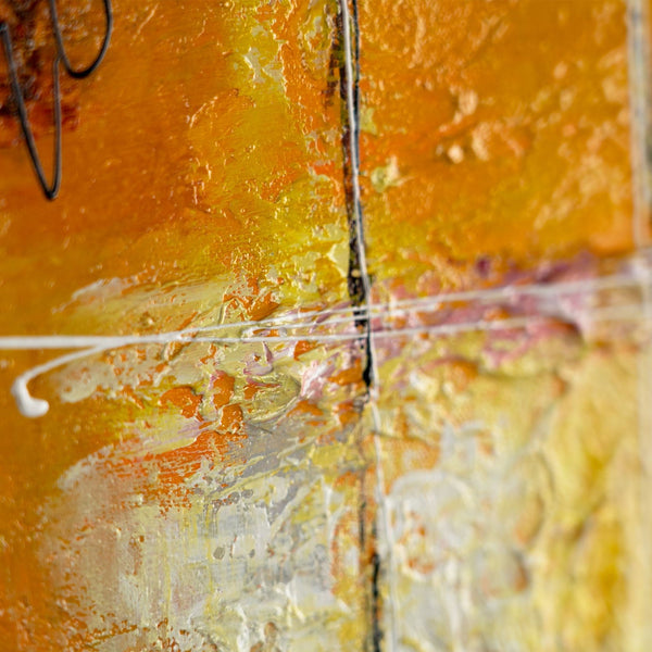 The painting "Flashes Inside" is a vertical abstraction in warm colors