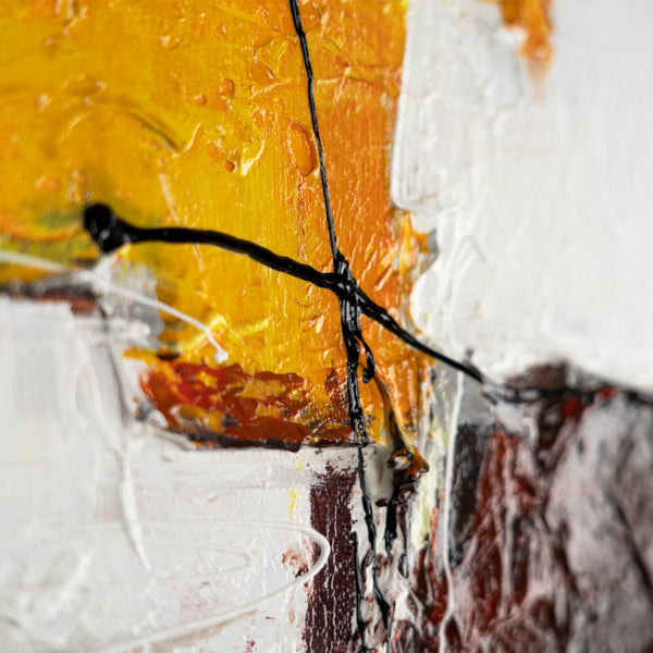 The painting "Flashes Inside" is a vertical abstraction in warm colors