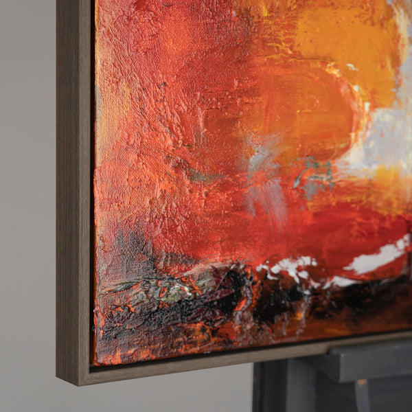 The painting "Flashes Inside" is a vertical abstraction in warm colors