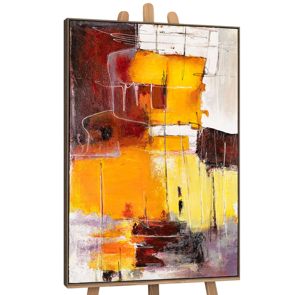 The painting "Flashes Inside" is a vertical abstraction in warm colors