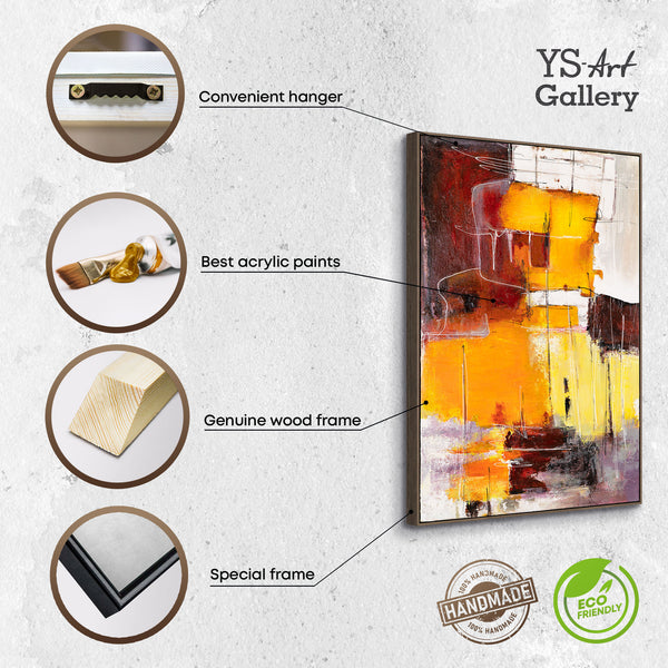 The painting "Flashes Inside" is a vertical abstraction in warm colors